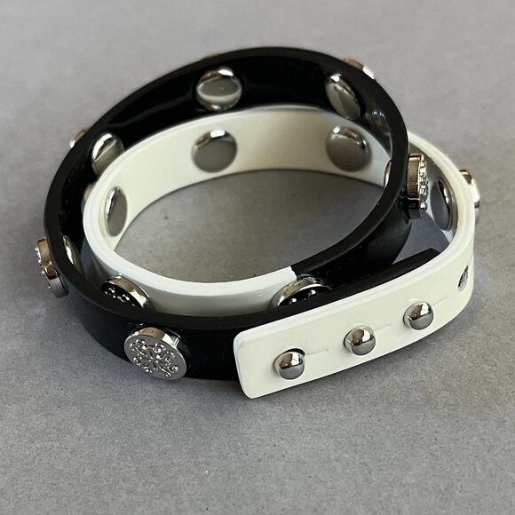 Rustic Cuff Black & White Patent Leather Double Wrap Silver Logo Bracelet - Picture 3 of 3